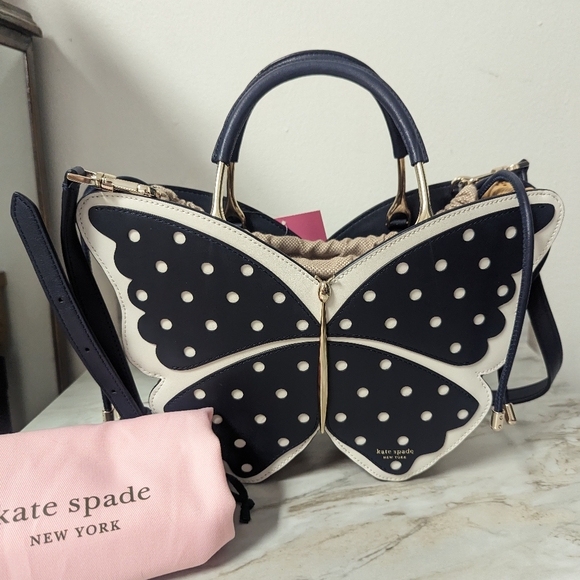 ♠️ Kate Spade Blue & White Wing it Polka Dot Wicker Butterfly Bag - Picture 2 of 12